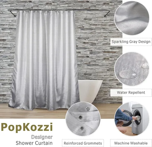 Vista 2 de Cortina de ducha brillante gris plateado: juego de cortinas de tela metálica gris claro moderno y elegante para decoración de baño festiva