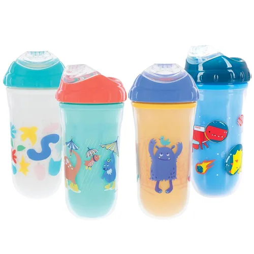 Vista 8 de Nuby Taza de transición con aislamiento, sin derrames, con borde de silicona suave y pitorro fresco 9 onzas / 270 ml Paquete de 2 Impreso