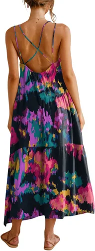 Vista 2 de Lxmyoxr Vestido casual de verano para mujer, sin mangas, cuello en V, tirantes delgados, escalonados, maxi vestidos largos con bolsillos