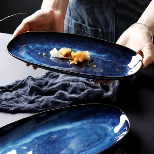 Vista 7 de Cabilock Bandeja de pescado Placa de sushi de cerámica Blue Black Snack Serving Plate para fiesta de boda