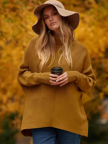 Vista 5 de Caracilia Suéter de manga larga con cuello alto para mujer, dobladillo irregular, informal, suéter de punto
