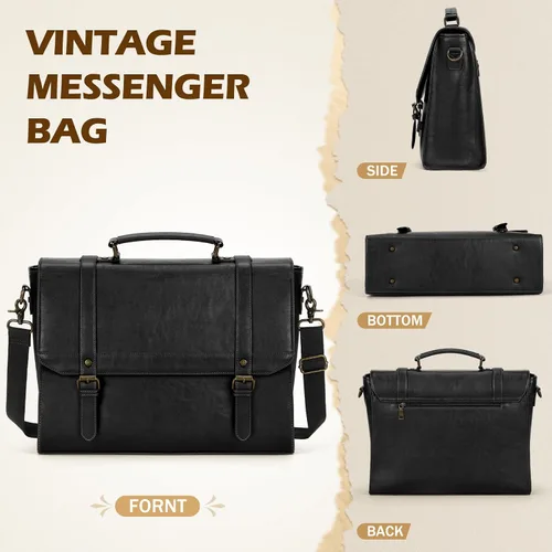 Vista 6 de Bolso de mensajero IGOLUMON para hombres de 15.6 pulgadas, bolso de cuero vintage impermeable para computadora, maletín para hombres, bolso grande