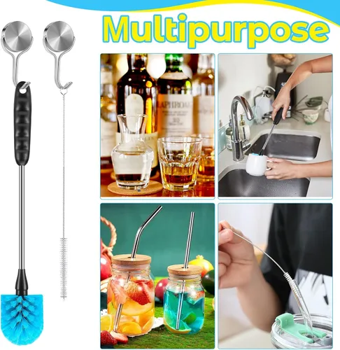 Vista 7 de Juego de 5 cepillos de limpieza de botellas, cepillo de limpieza con mango de acero inoxidable de 35.56 cm de largo y 3 cepillos para pajitas