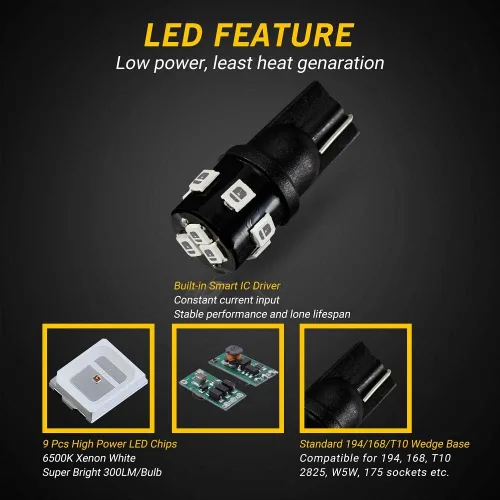 Vista 4 de AUTOGINE 194 bombillas LED de color rojo brillante de 300 lúmenes, superbrillantes, 9-SMD 2835, chipsets T10 168 175 2825 W5W, bombillas de repuesto