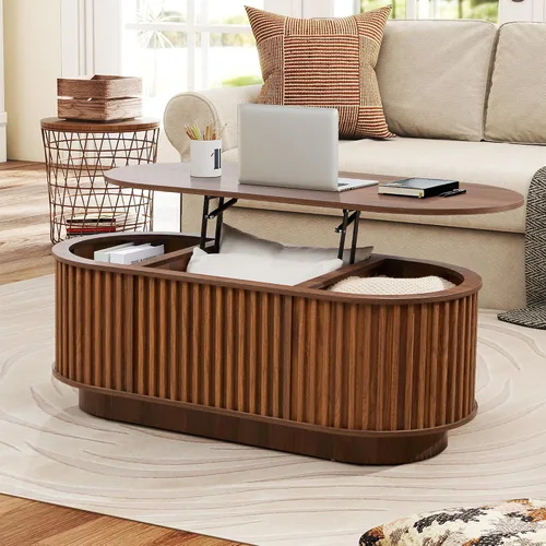 Vista 11 de Mesa de Centro Ovalada con Tapa Elevable y Almacenamiento, 43.3" Mesa Central Moderna de Mediados de Siglo con Compartimento Oculto, Mesa de Comedor