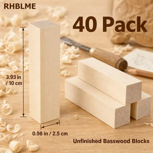 Vista 2 de RHBLME 40 bloques de tallado de tilo, bloques de madera sin terminar de 4 x 1 x 1 pulgada para tallar, cubos de madera maciza suave para tallar