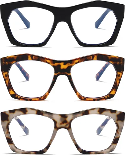 Vista 7 de Viseng Paquete de 3 anteojos de lectura para mujer, diseño de marco, de gran tamaño, bloqueo de luz azul, lector de computadora +0.0 B/3 pares