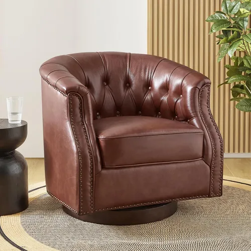 Vista 8 de HULALA HOME Silla mecedora giratoria de cuero auténtico, totalmente montada Beige