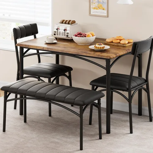 Vista 10 de IDEALHOUSE Juego de mesa de comedor para 4, mesa de cocina con sillas para 4, mesa de comedor rectangular de madera con banco tapizado para espacios