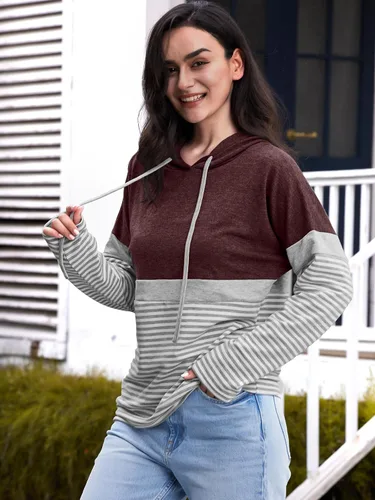 Vista 4 de Butgood Sudaderas con capucha de bloque de color para mujer, sudadera de manga larga, casual, con cordón, a rayas, túnica