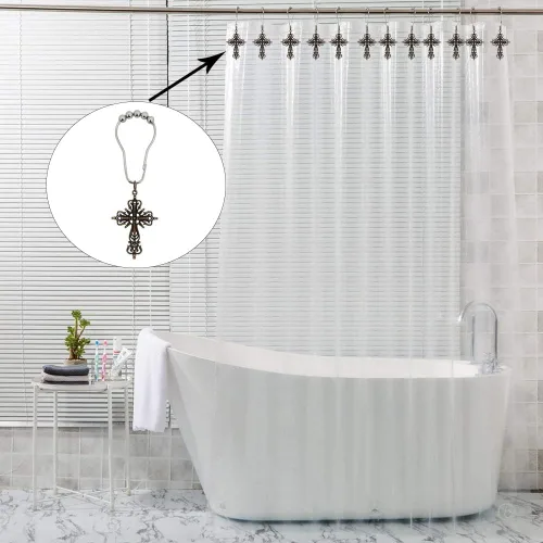 Vista 5 de 12 ganchos de cortina de ducha con cruz vintage para baño, anillos de cortina de acero inoxidable a prueba de óxido con colgante de cruz para Cruz