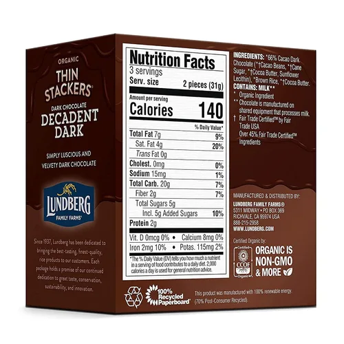 Vista 2 de Lundberg Pastel de arroz orgánico Thin Stackers, chocolate negro decadente, comercio justo, kosher, certificado orgánico USDA, sin gluten y sin OMG