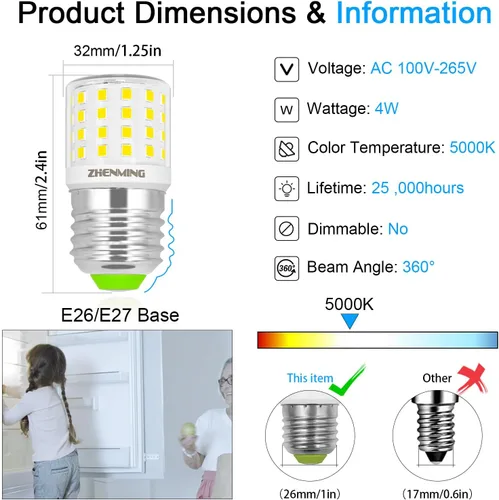 Vista 5 de ZHENMING Bombillas LED AC 100-265V 3.5W para refrigerador KEI D34L E26 5W Reemplazo 50W-60W 5304511738 Bombilla de nevera para Frigidaire Kenmore