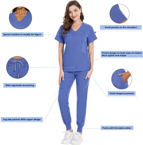 Vista 3 de niaahinn Conjunto de traje médico para mujer, moderno cuello en V + pierna con cordón, pantalones deportivos para enfermería médica (ceil, talla M)