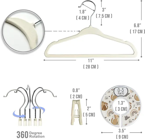 Vista 4 de Babyrish Perchas de terciopelo para bebé con 10 clips y 8 divisores (paquete de 30) Perchas ultrafinas para ropa de bebé de 11 pulgadas Fieltro
