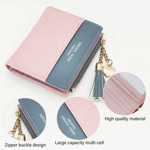 Vista 2 de Cartera de cuero para mujer, billetera con cierre, cartera pequeña con bolsillo para monedas, tarjetero plegable, carteras con bolsillo para monedas