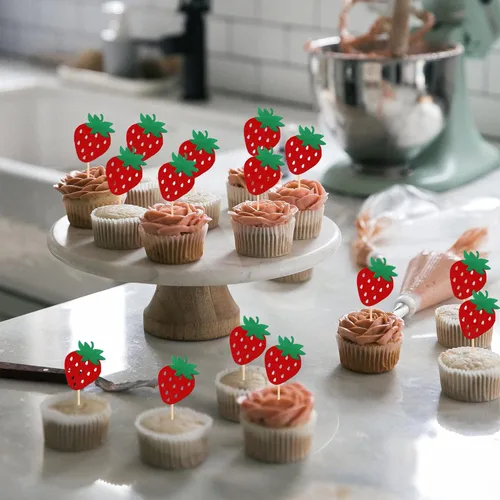 Vista 7 de 24 piezas de adornos para cupcakes de fresa, purpurina roja, temas de frutas, bayas y fresas, para verano, dulces, baby shower, fiesta