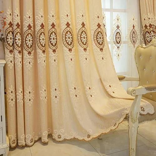 Vista 5 de ELKCA Cortinas bordadas de jacquard para dormitorio, cortinas beige de lujo para sala de estar, ojales superiores, 2 paneles