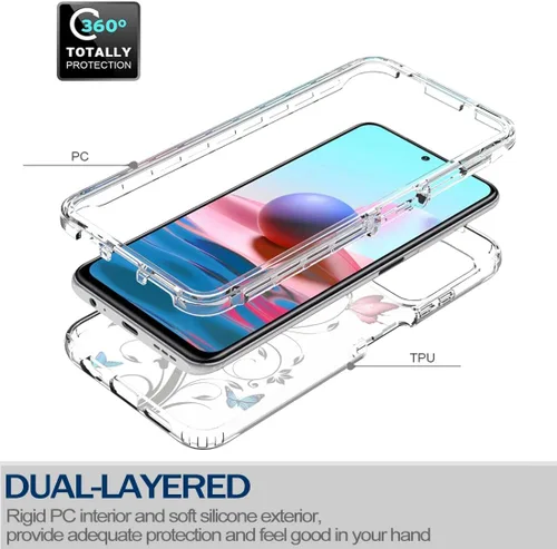 Vista 3 de Funda para Redmi Note 10 (4G)/Redmi Note 10S con protector de pantalla de vidrio templado, carcasa rígida de diseño floral de cuerpo completo +