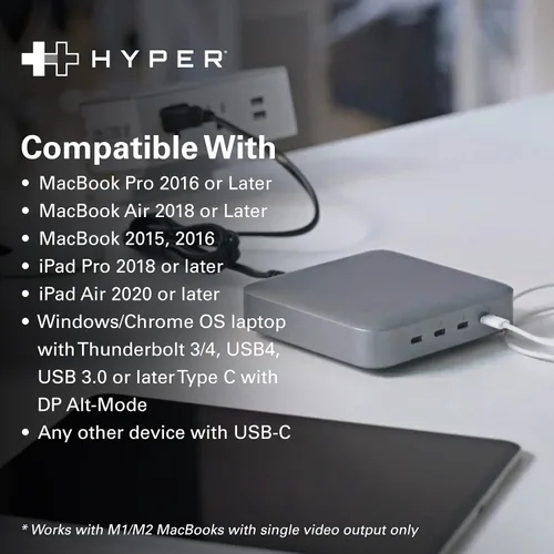Vista 7 de Hyper Unidad USB-C y Thunderbolt 4 Hub con fuente de alimentación GaN integrada: tres puertos Thunderbolt 4 downstream y un puerto ascendente