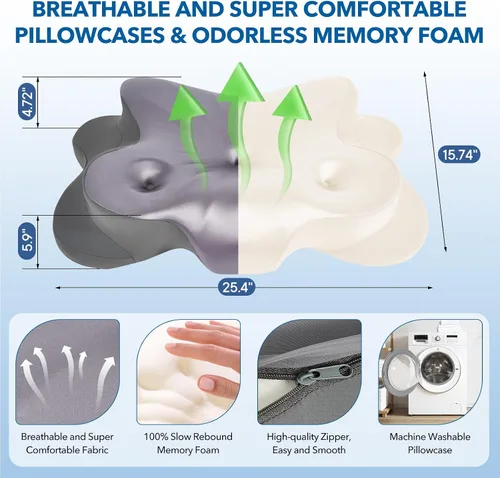 Vista 2 de Almohada cervical para aliviar el dolor de cuello, almohada ergonómica de espuma viscoelástica con funda de almohada de seda de hielo, almohada