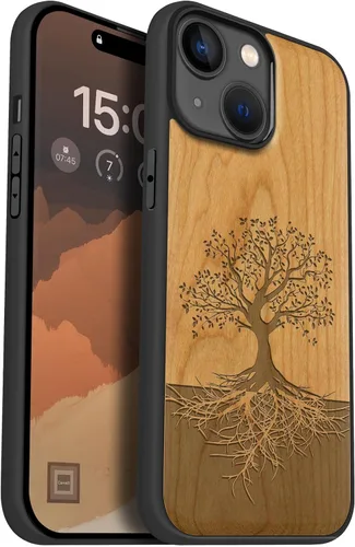 Vista 16 de Carveit Funda magnética de madera para iPhone 15, compatible con cargadores inalámbricos MagSafe, funda negra de TPU suave a prueba de golpes