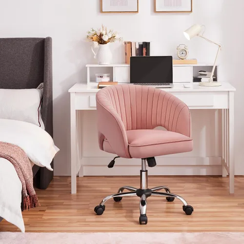 Vista 2 de Topeakmart Moderna silla de terciopelo para tocador, silla de escritorio de maquillaje, sillón ajustable con respaldo de barril copetudo para sala