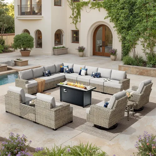 Vista 38 de HOOOWOOO Juego de muebles seccionales de patio con mesa de luz solar, 6 piezas de mimbre para exteriores, sofá en forma de L, juego de conversación
