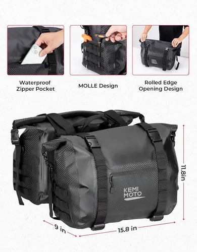 Vista 3 de KEMIMOTO Alforjas para motocicleta impermeables de PVC 50L (25Lx2) Bolso de equipaje para bicicleta deportiva dual Adventure, alforjas desmontables