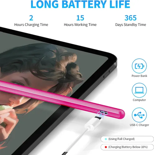 Vista 4 de DRYMOKINI Paquete de 2 lápices capacitivos universales para teléfonos y tabletas Lápiz óptico activo recargable USB-C con punta fina de 0.1 in