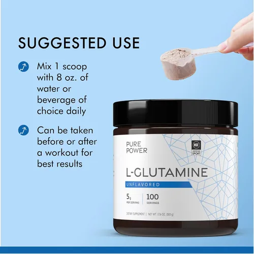 Vista 4 de Pure Power L-glutamina, sin sabor, 17.6 oz (500 g), 100 porciones (1 tarro), 0.18 oz por porción, sin OMG, certificado NSF para deportes, Dr. Mercola