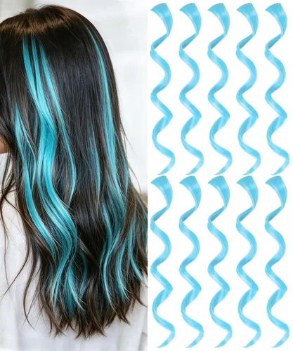 Vista 13 de 10 extensiones de cabello sintético rizado y ondulado negro con clip, reflejos de fiesta de neón arcoíris, accesorios de cabello coloridos
