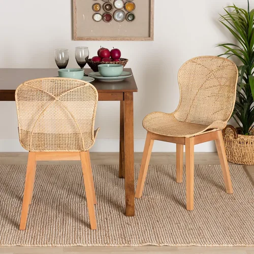 Vista 7 de Baxton Studio Sabelle Japandi - Juego de 2 sillas de comedor de caoba y ratán marrón natural