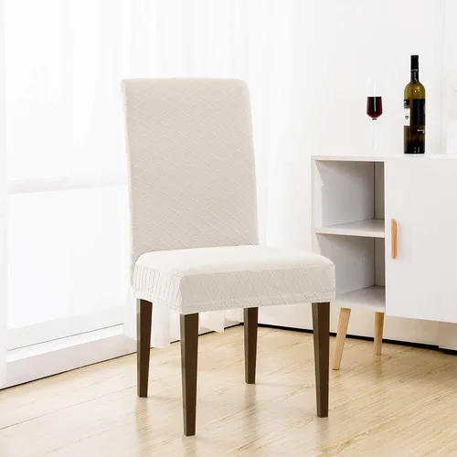 Vista 2 de Funda elástica universal para silla de comedor, diseño moderno de rombos jacquard, lavable, extraíble, funda suave y elástica (2, color blanco crema)