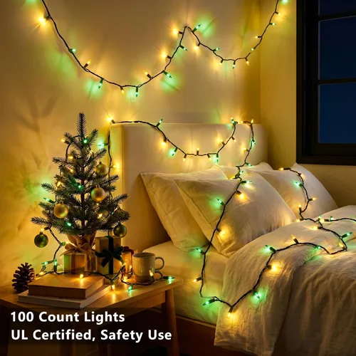 Vista 5 de ODEETRONIC Luces de Navidad amarillas y verdes, 21.63 pies, 100 unidades, luces incandescentes, conectables, con certificación UL, enchufable, luz