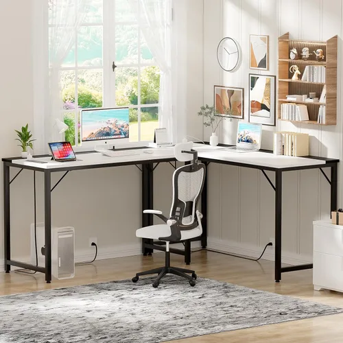 Vista 7 de iSunirm Escritorios para computadora de 55 pulgadas con tomas de corriente y puertos de carga USB, escritorio de oficina moderno para espacios
