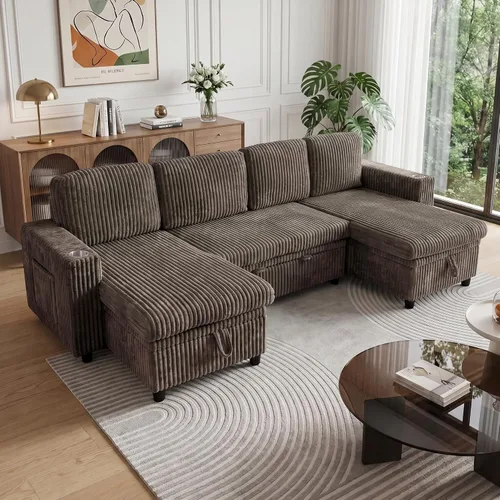 Vista 19 de Sofá cama modular de 103.5 pulgadas con cama extraíble, sofá de gran tamaño con almacenamiento, sofá modular para sala de estar, color beige Negro