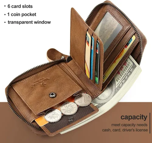 Vista 3 de MANBANG Cartera de piel auténtica para hombre con bloqueo RFID con cremallera Hecho a mano caqui
