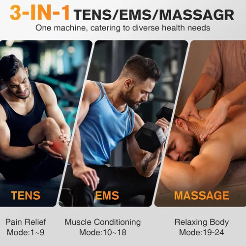 Vista 2 de NURSAL Unidad TENS Estimulador Muscular para Terapia de Alivio del Dolor, Máquina TENS de Doble Canal 3 en 1 con Estuche de Viaje EVA, 24 Modos