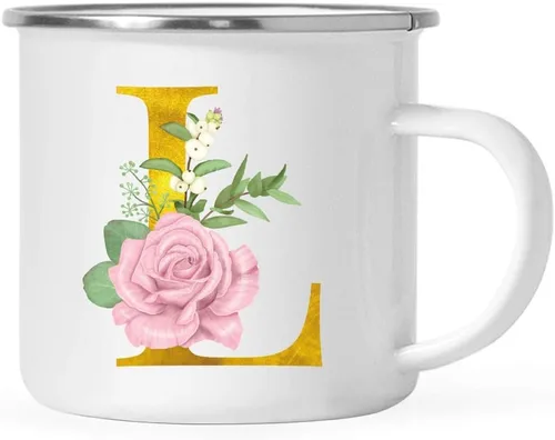 Vista 26 de Andaz Press Taza de café de acero inoxidable para niños de 11 onzas, regalo de taza de café de fogata, rosa rubor, monograma de oro sintético, letra