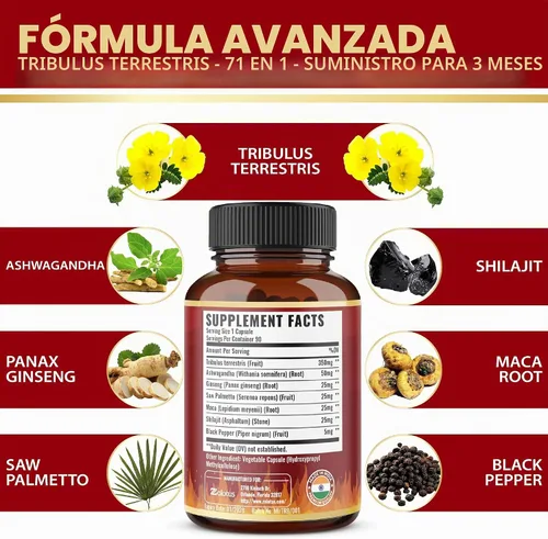 Vista 6 de Tribulus Terrestris Cápsulas con Ashwagndha, Panax Ginseng, Saw Palmetto, Maca, Shilajit - 90 Cápsulas - Suministro de 3 meses