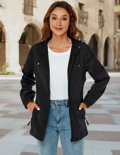 Vista 7 de Avoogue Chaqueta impermeable para mujer, ligera, plegable, con capucha, rompevientos con bolsillo activo