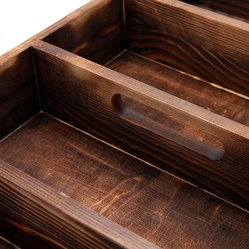 Vista 5 de MyGift Bandeja organizadora de cajones de madera quemada con 4 ranuras, utensilios multiusos, cubiertos, contenedor de madera para herramientas
