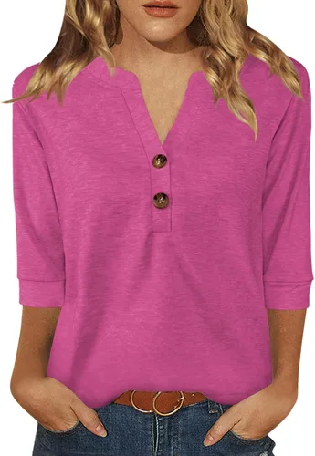 Vista 17 de Dimur Camisetas de manga 3/4 con cuello en V y botones para mujer, traje casual de negocios, camiseta básica de verano 2025