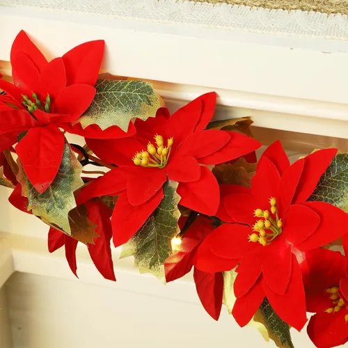 Vista 4 de Glintoper Paquete de 2 Guirnaldas de Flor de Pascua Navideña, 5.9 pies Guirnaldas Artificiales Iluminadas con 36 Flores Rojas, Funciona
