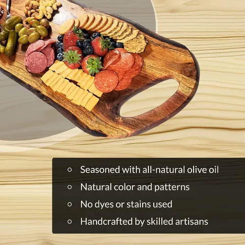 Vista 4 de Tabla de embutidos de acacia con borde vivo natural y mango redondo, tabla de queso de madera, tabla decorativa de madera para servir y cortar