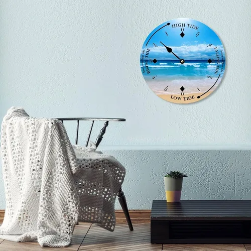 Vista 5 de Reloj de marea de madera, reloj de pared de madera costera, reloj de predicción de mareas de luna con marea alta y baja marea náutica, reloj