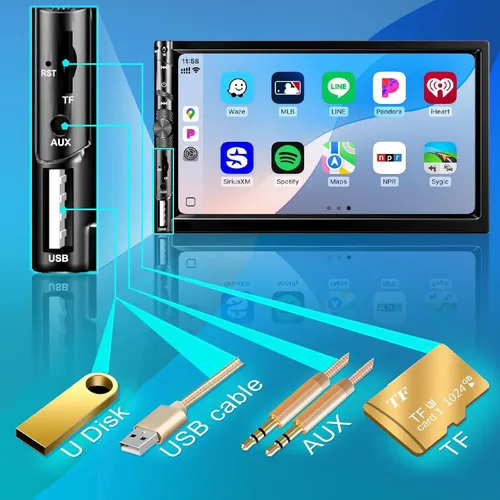 Vista 6 de Estéreo de auto doble DIN de 7 pulgadas con Apple CarPlay Android Auto, radio para automóvil Bluetooth 5.2, pantalla táctil IPS 1024 600, cámara