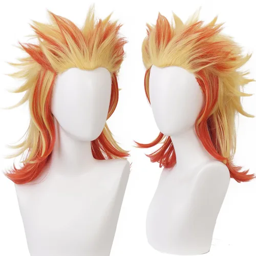 Vista 6 de maysuwell Rengoku Kyoujurou - Peluca de anime Demon Slayer, pelucas de cosplay de pelo corto amarillo para hombres y mujeres para Halloween