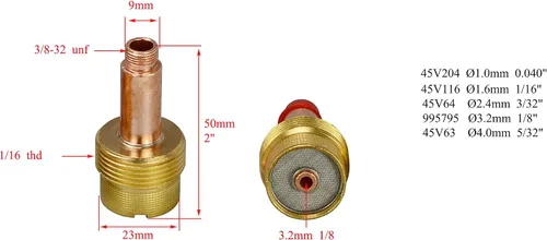 Vista 2 de RIVERWELD Cuerpo de pinza de lente de gas TIG de gran diámetro Jumbo 45V Series 45V116 1/16 "45V64 3/32" 995795 1/8" 45V63 5/32" Fit SR WP 17 18 26